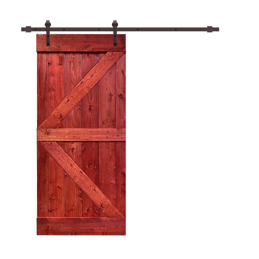 Cherry Red Stained Wood Sliding Barn Door with Hardware Kit Y725310