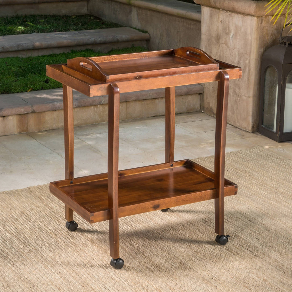 Dark Oak Acacia Wood Bar Cart with Removable Top Tray U50004