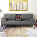 Linen Fabric Futon Sofa Bed with 2 Cup Holders and Pillows T822358