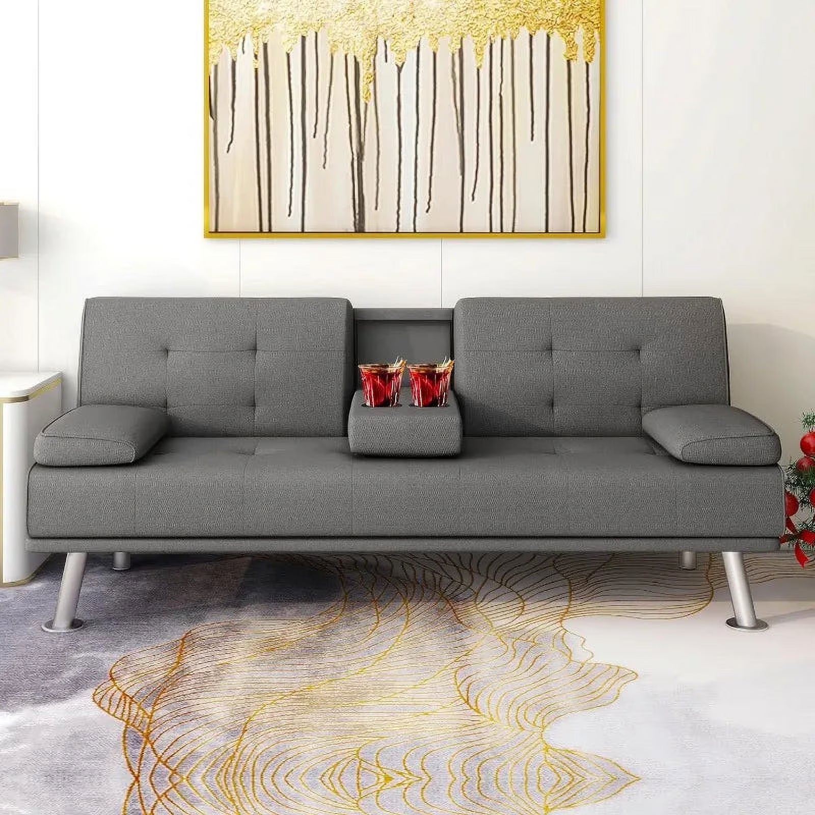 Linen Fabric Futon Sofa Bed with 2 Cup Holders and Pillows T822358