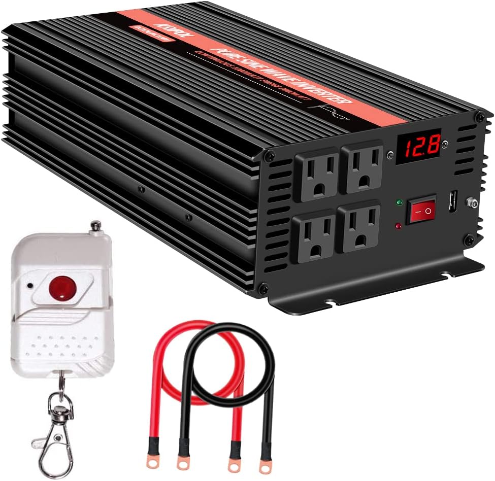 2000 Watt Pure Sine Wave Power Inverter 12V DC to 110V AC with 4 AC Outlets and USB Output R181