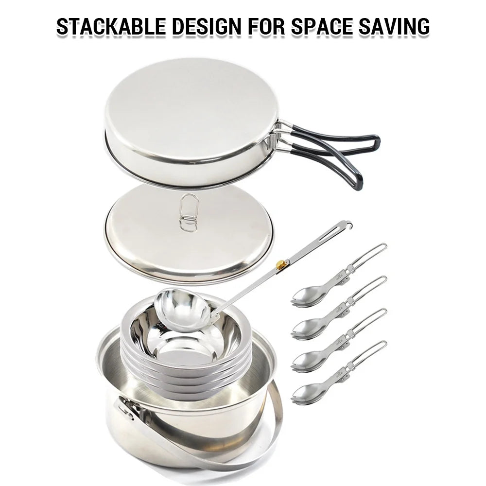 Stainless Steel Camping Cookware Set for 4 with Pot, Pan, Bowls, Folding Sporks C2946