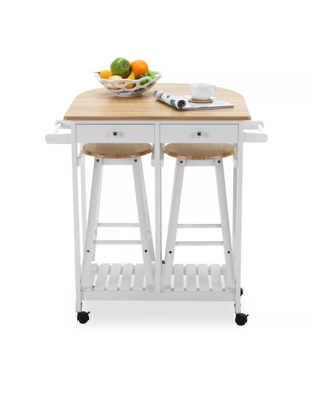 Oak Kitchen Island Cart with 2 Bar Stools and 2 Drawers X269