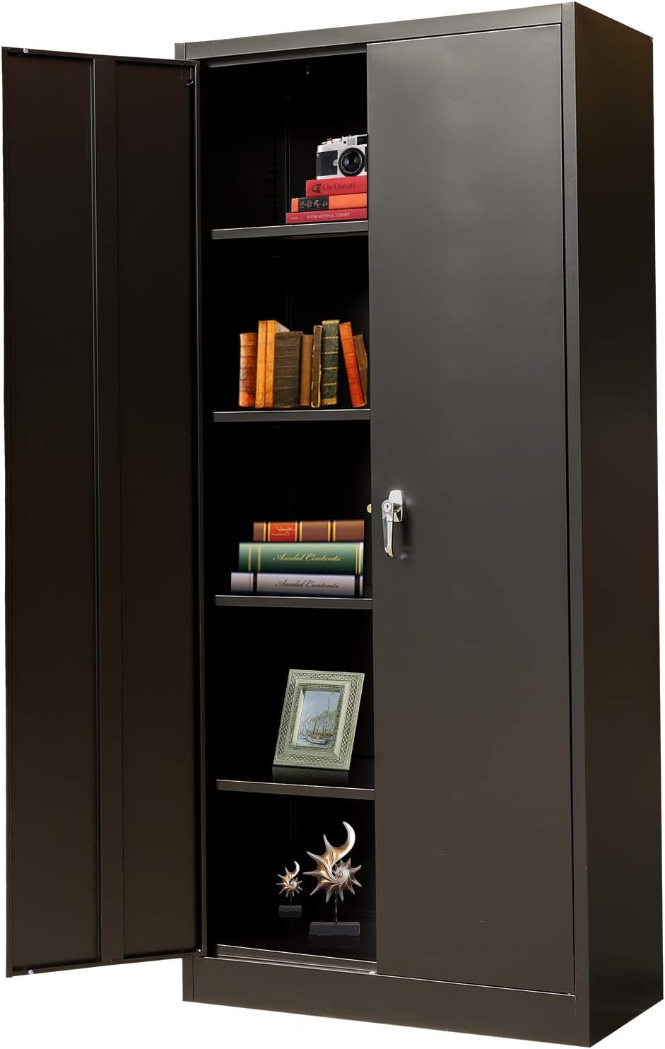 Metal Storage Cabinet with 2 Doors and 4 Shelves, Lockable Steel, 70.86 H x 31.5 W x 15.75 D (Black) P55821