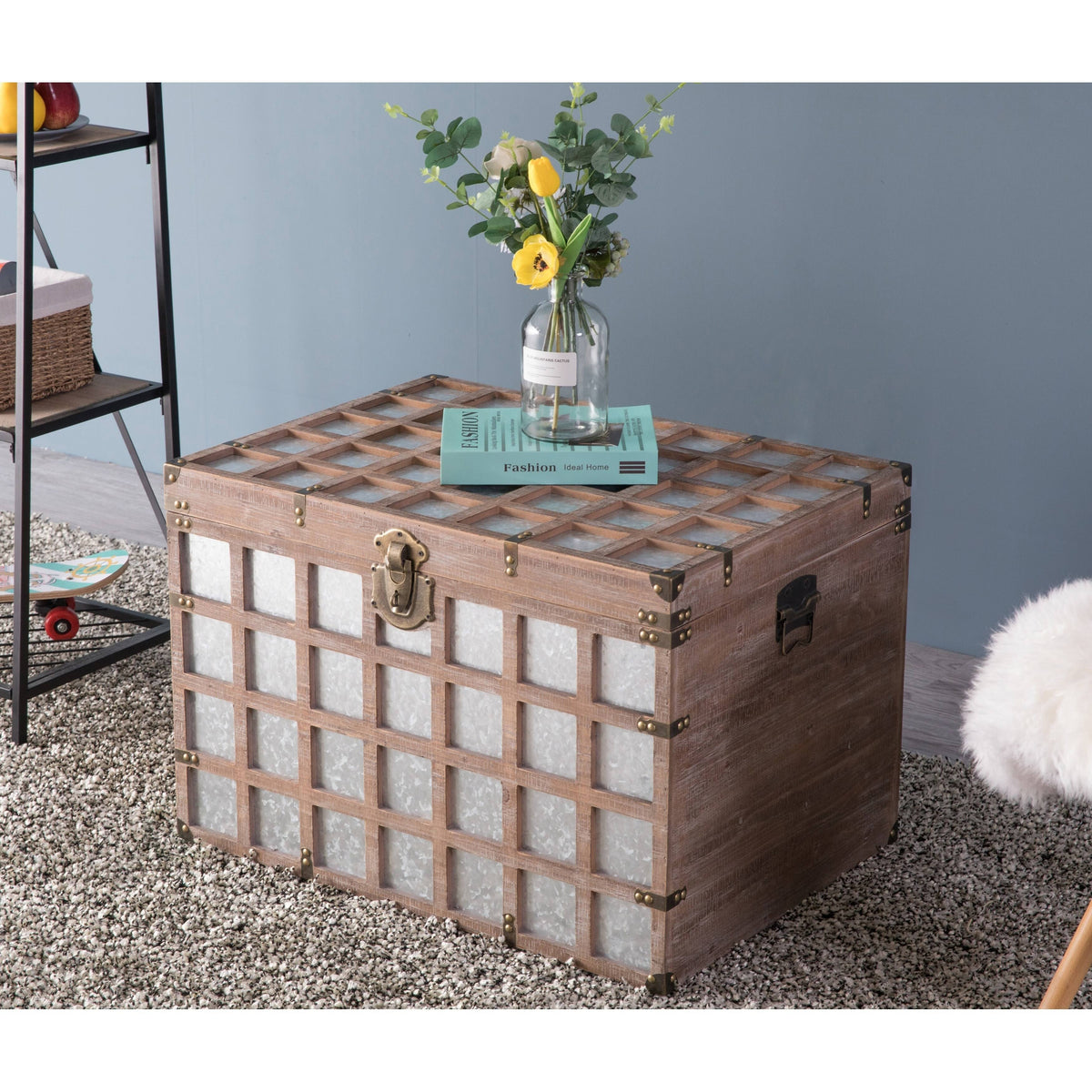 Wooden Rectangle Galvanized Metal Lined Storage Trunk K80106