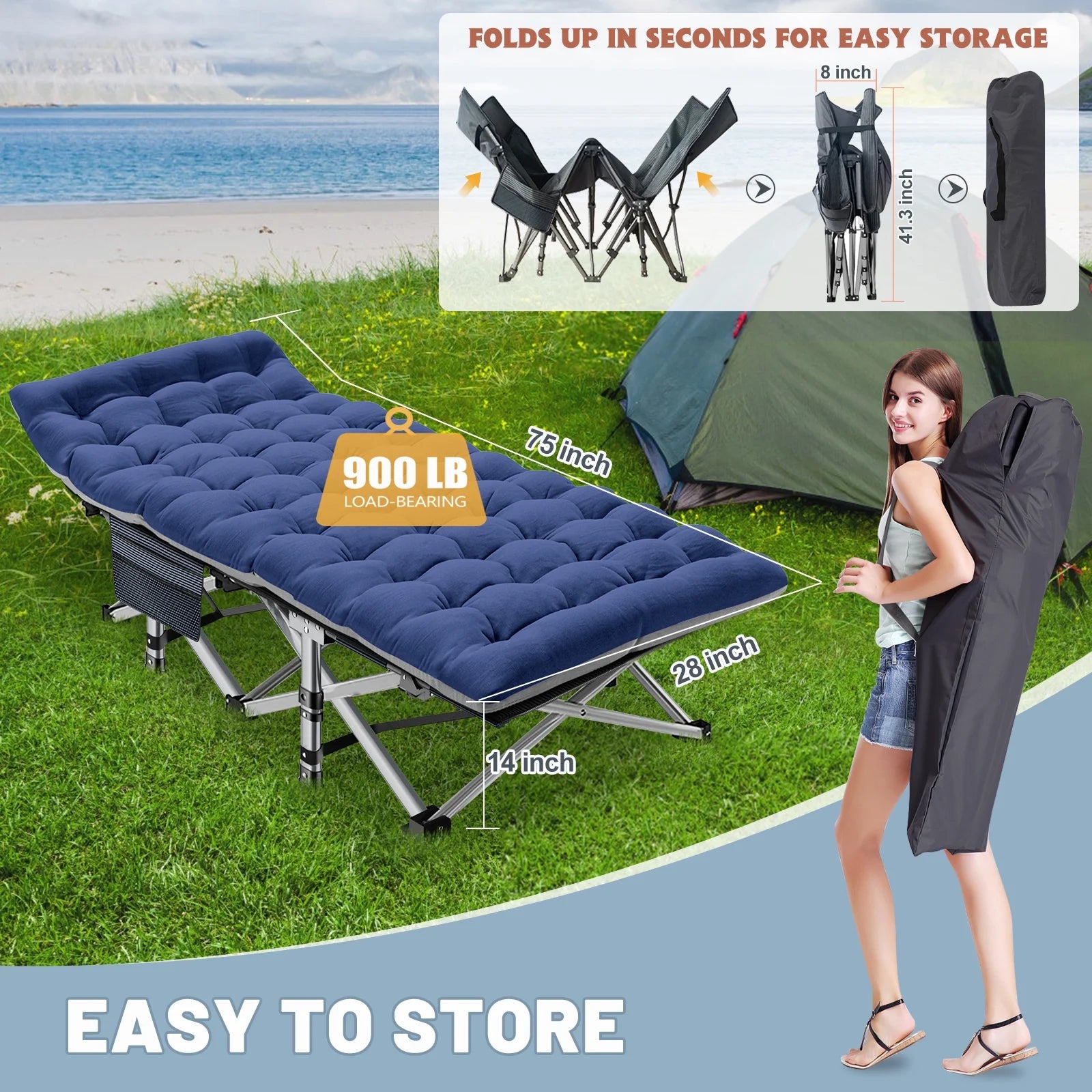 Folding Camping Bed with Mattress & Carry Bag, Heavy Duty Sleeping Cot with 4D Pillow W253