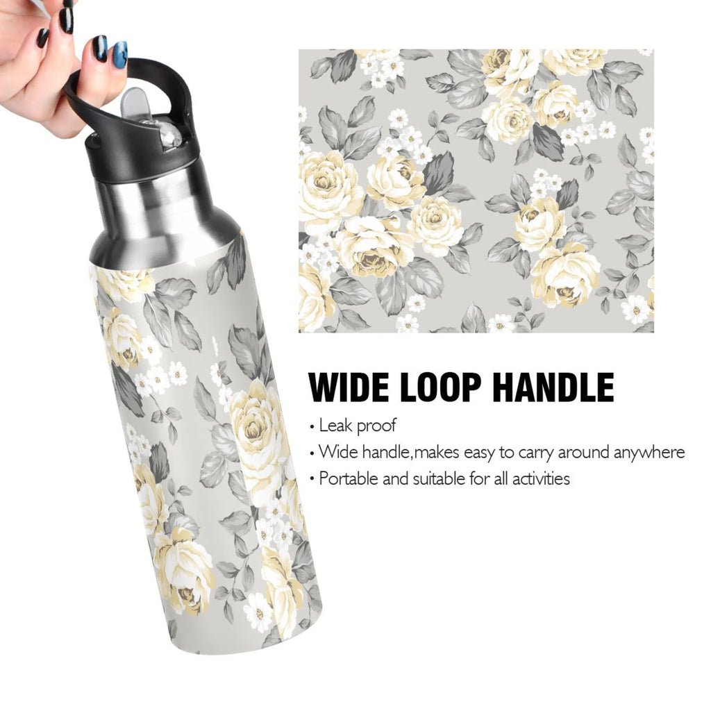 Yellow Flowers on Grey Stainless Steel Insulated Water Bottle with Straw Lid W71786