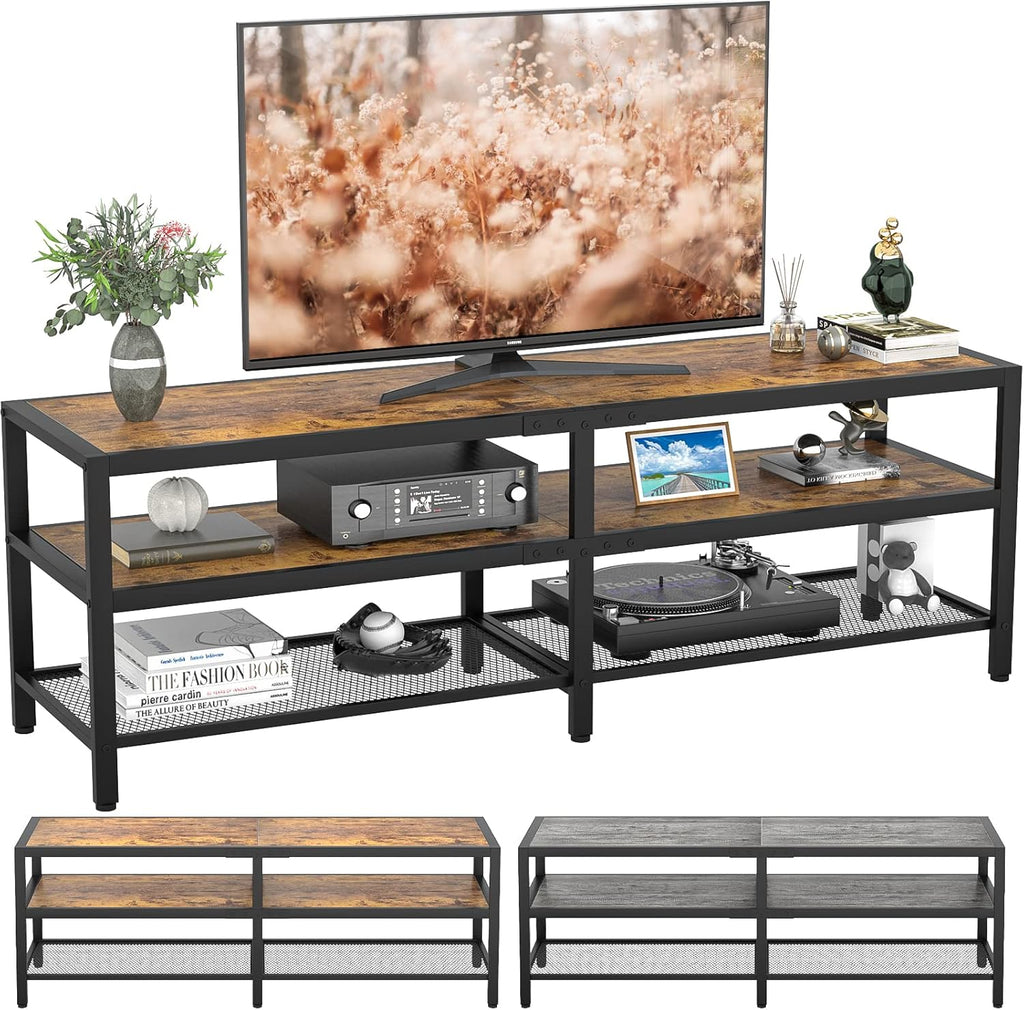 Rustic Brown and Gray Oak 3-Tier TV Stand with Metal Frame M862854