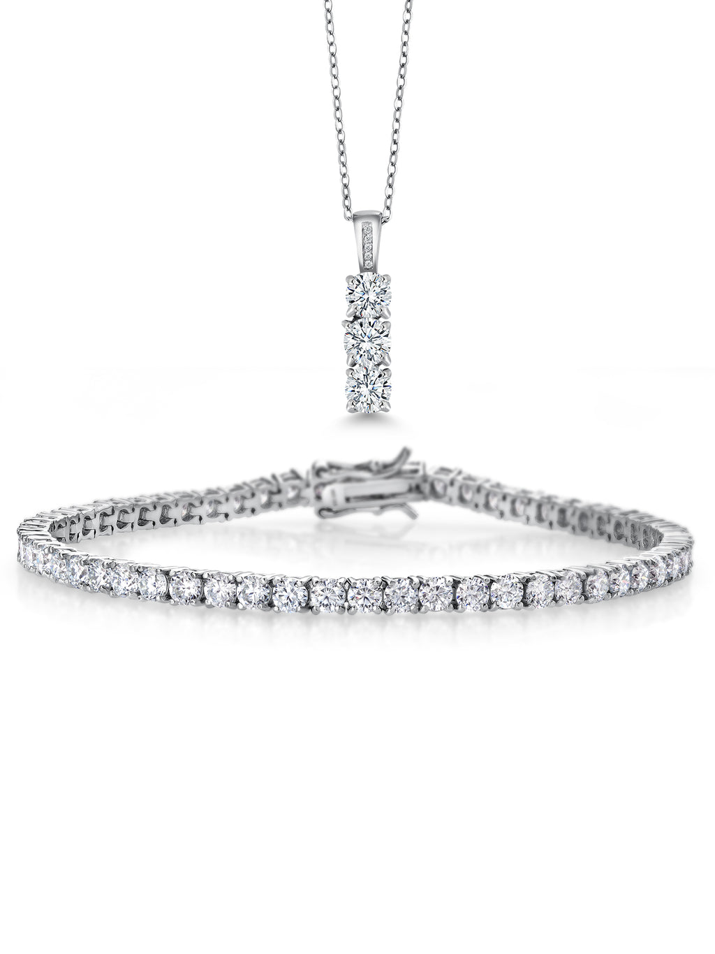 925 Sterling Silver Moissanites Tennis Bracelet Pendant Necklace Set, 6.00 Cttw, 7.25 inch, 1.54 Cttw, 18 inch Chain T732