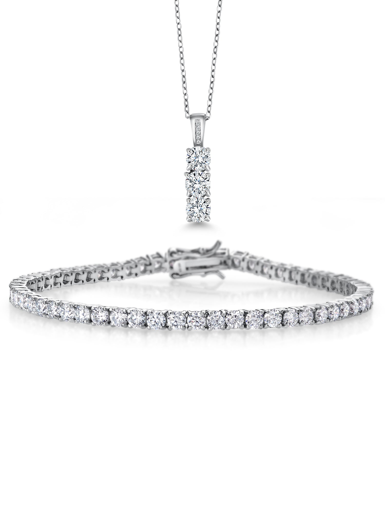 925 Sterling Silver Moissanites Tennis Bracelet Pendant Necklace Set, 6.00 Cttw, 7.25 inch, 1.54 Cttw, 18 inch Chain T732