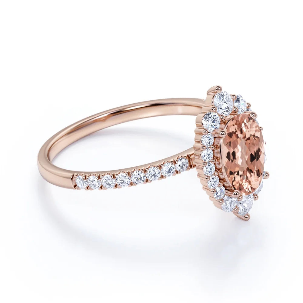 Vintage Oval Created Morganite and Moissanite Halo Promise Ring in 18K Rose Gold over Silver H712670