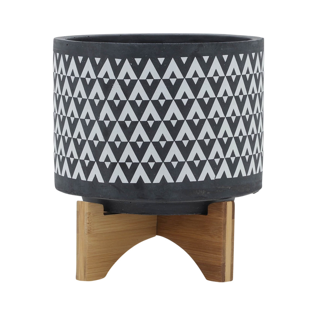Ceramic Aztec Planter on Wooden Stand, Gray, 8"L X 8"W X 9"H X861543