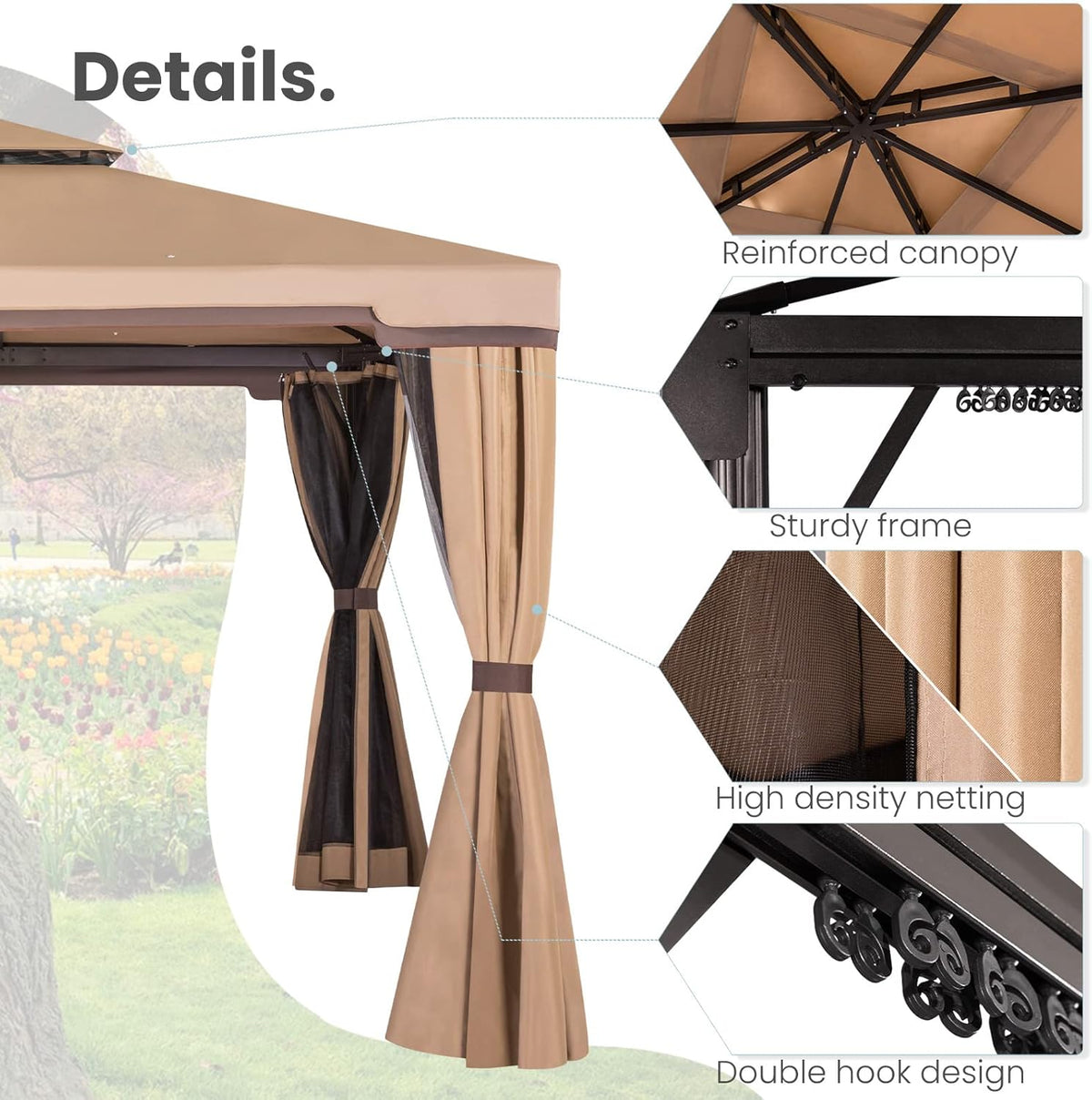 Steel Vented Double Roof Garden Gazebo with Mosquito Netting (Brown) D82379