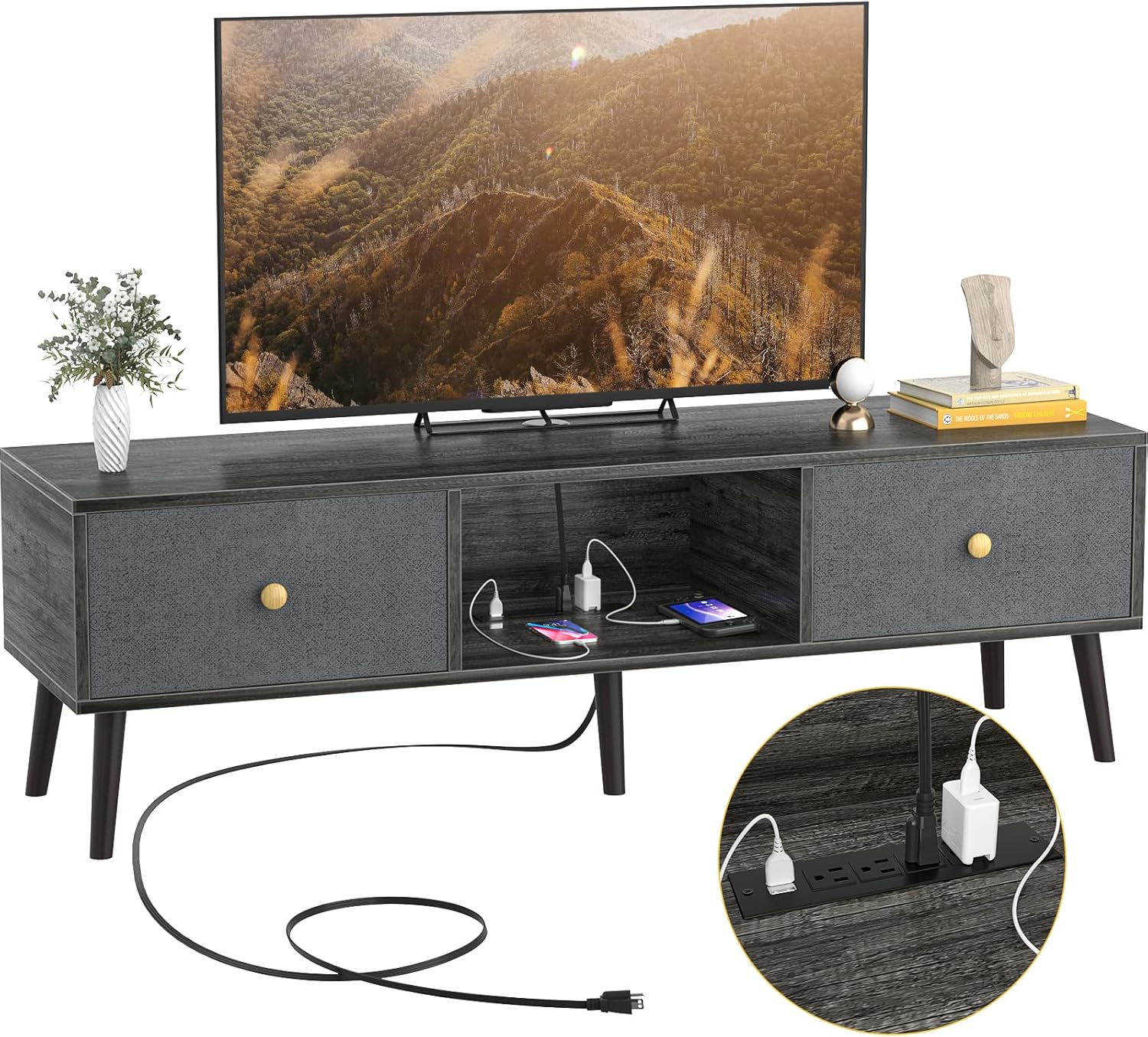 Rustic Brown and Gray Oak 3-Tier TV Stand with Metal Frame M862854