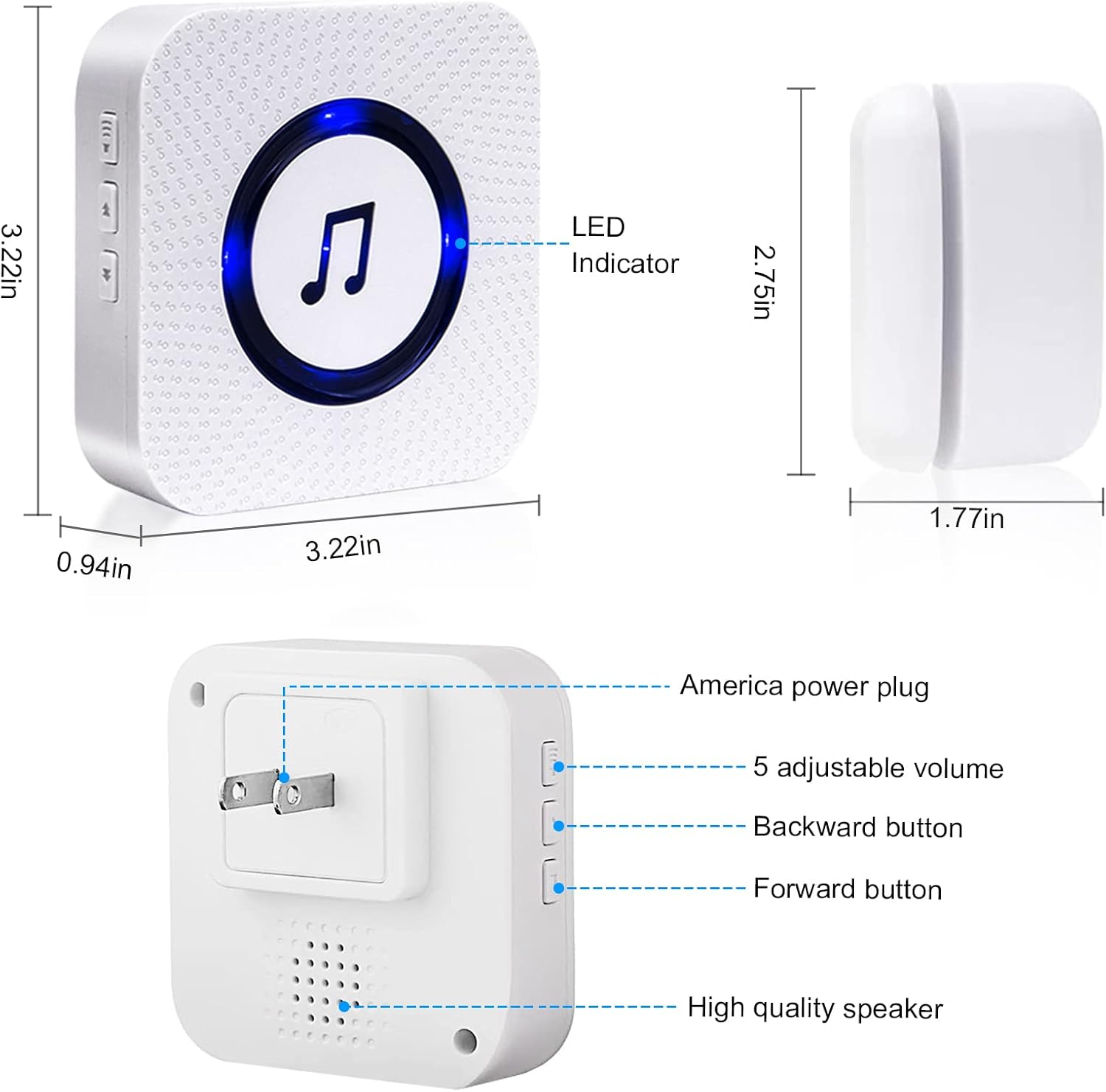 Door Chime with 5 Magnetic Door Sensors & 2 Plug-in Receivers, Indoor Range 500ft W8324