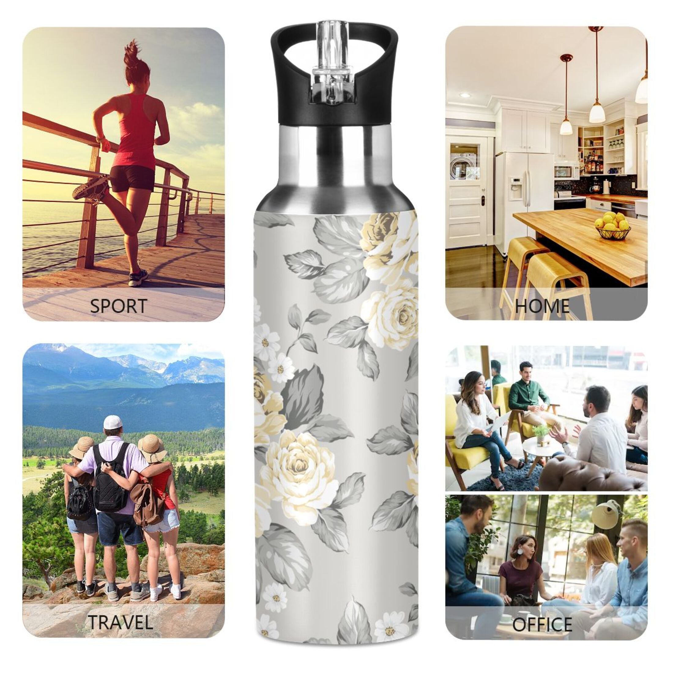 Yellow Flowers on Grey Stainless Steel Insulated Water Bottle with Straw Lid W71786