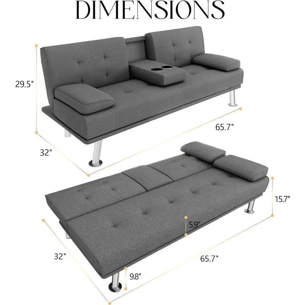 Linen Fabric Futon Sofa Bed with 2 Cup Holders and Pillows T822358