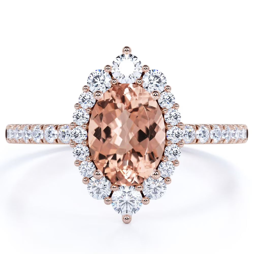 Vintage Oval Created Morganite and Moissanite Halo Promise Ring in 18K Rose Gold over Silver H712670