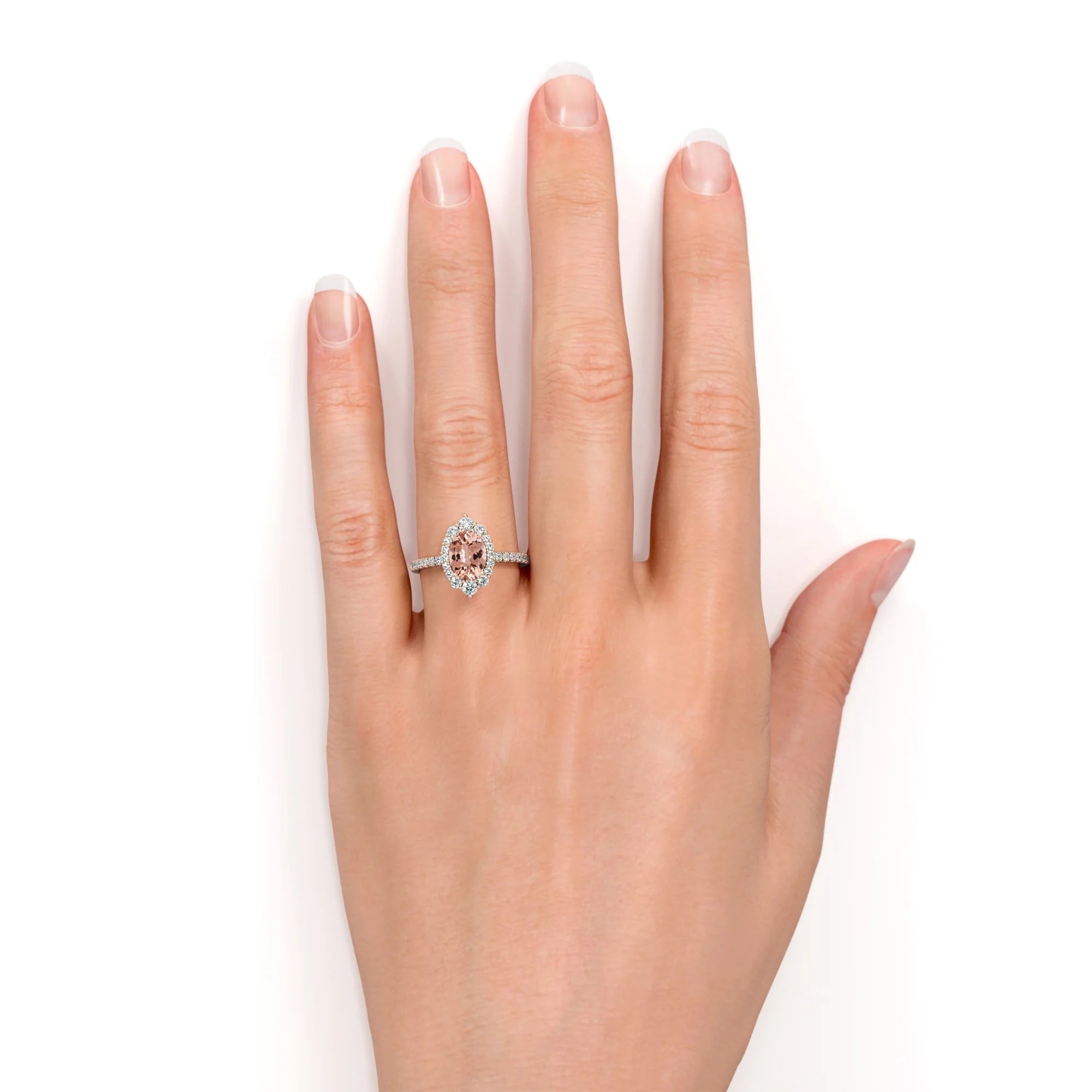 Vintage Oval Created Morganite and Moissanite Halo Promise Ring in 18K Rose Gold over Silver H712670