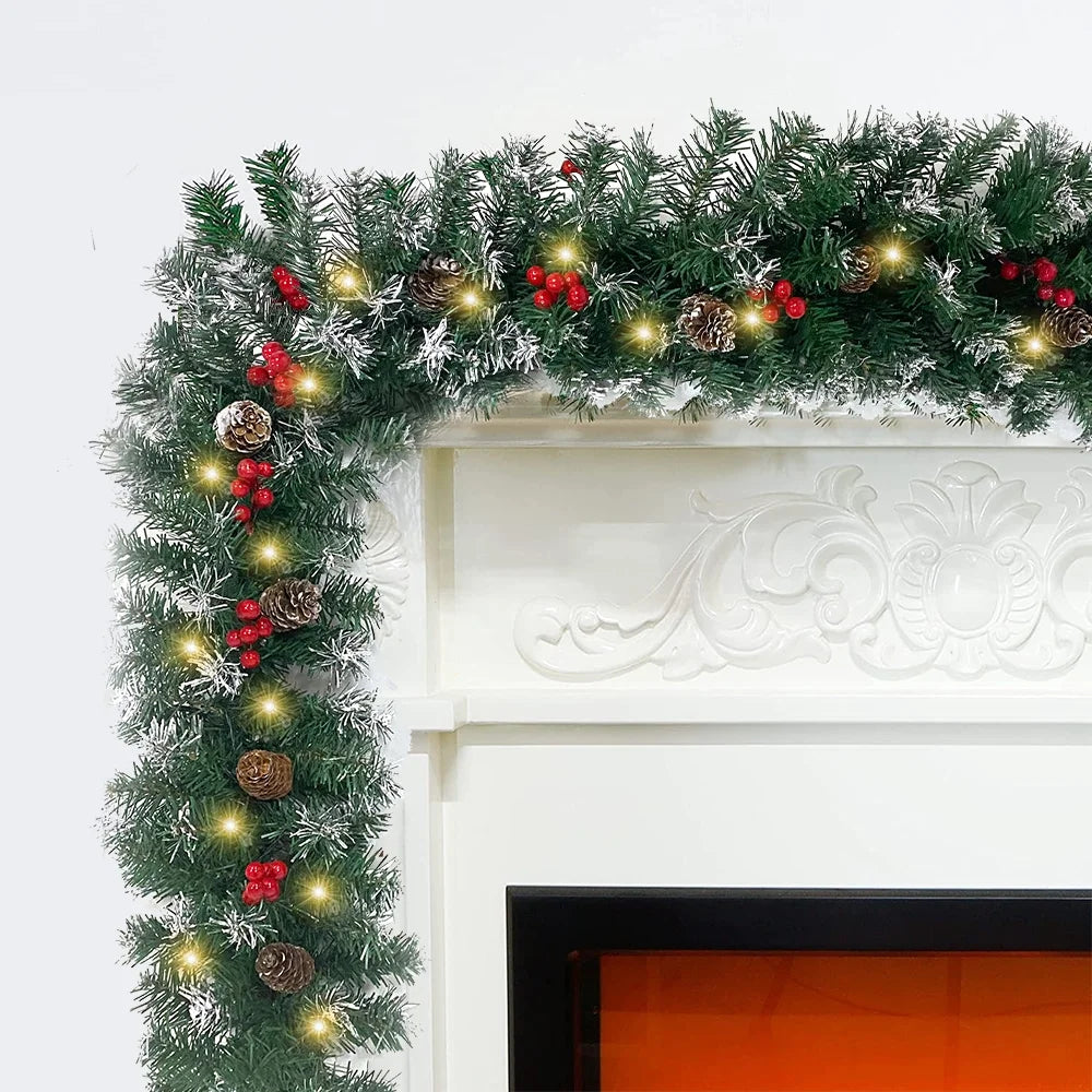 2 Pcs 6ft Pre-Lit Christmas Garland with 40 Waterproof LED Light and Pine Cones and Berries, Battery Operated N615
