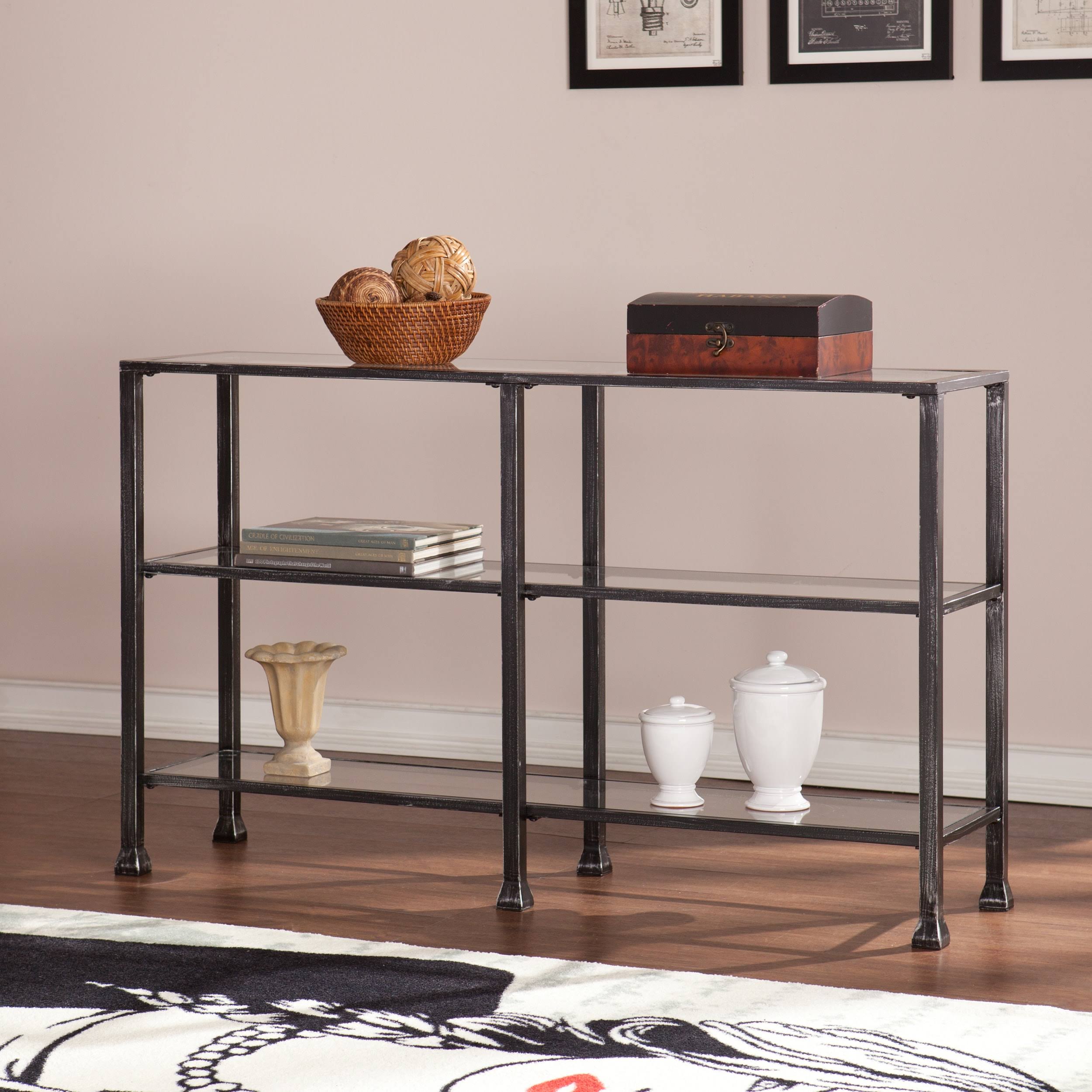 Distressed Black Metal and Glass 3-Tier Console Table Q6440