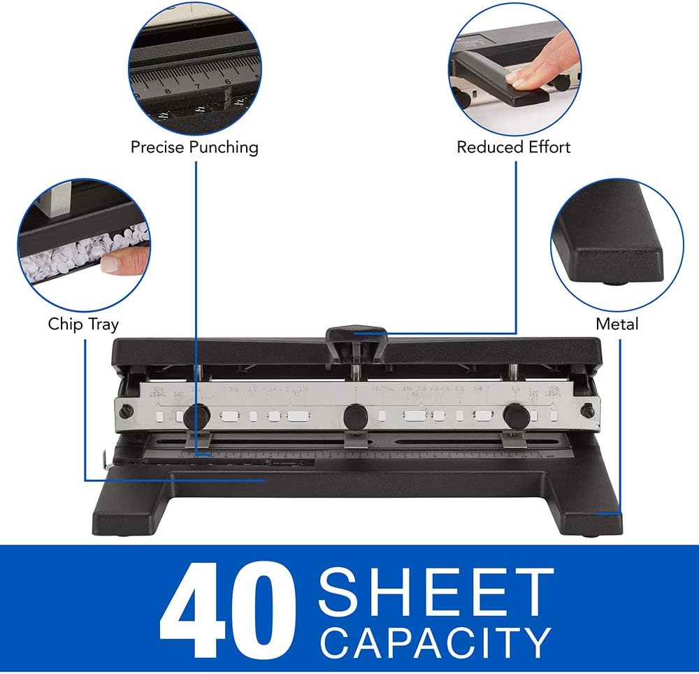 Heavy Duty Adjustable Hole Punch, 40 Sheet Capacity, Black T872