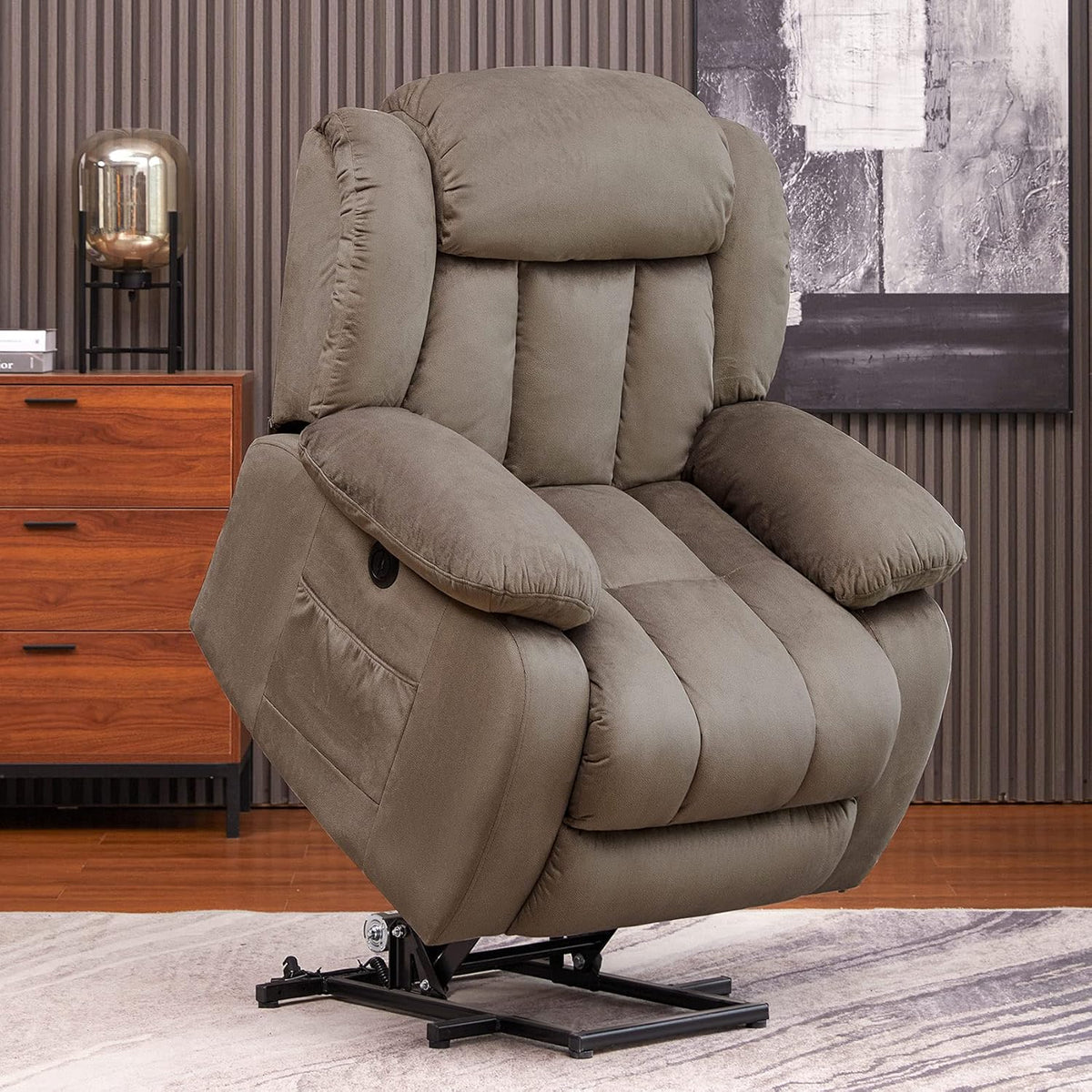 Dark Gray Plush Fabric Electric Power Lift Recliner Chair with Massage and Heat L9747