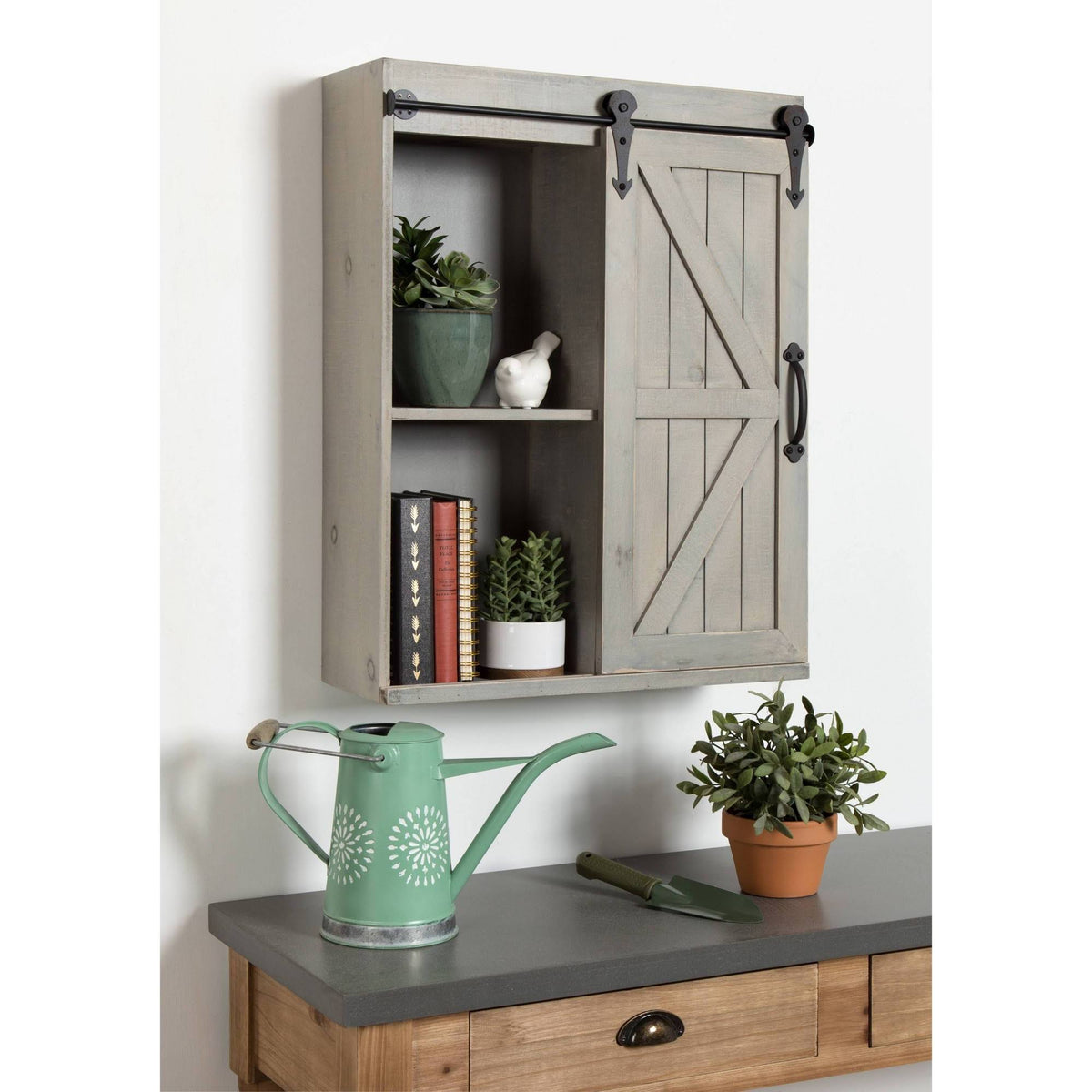 Rustic Gray Wood Wall Storage Cabinet with Sliding Barn Door A8844