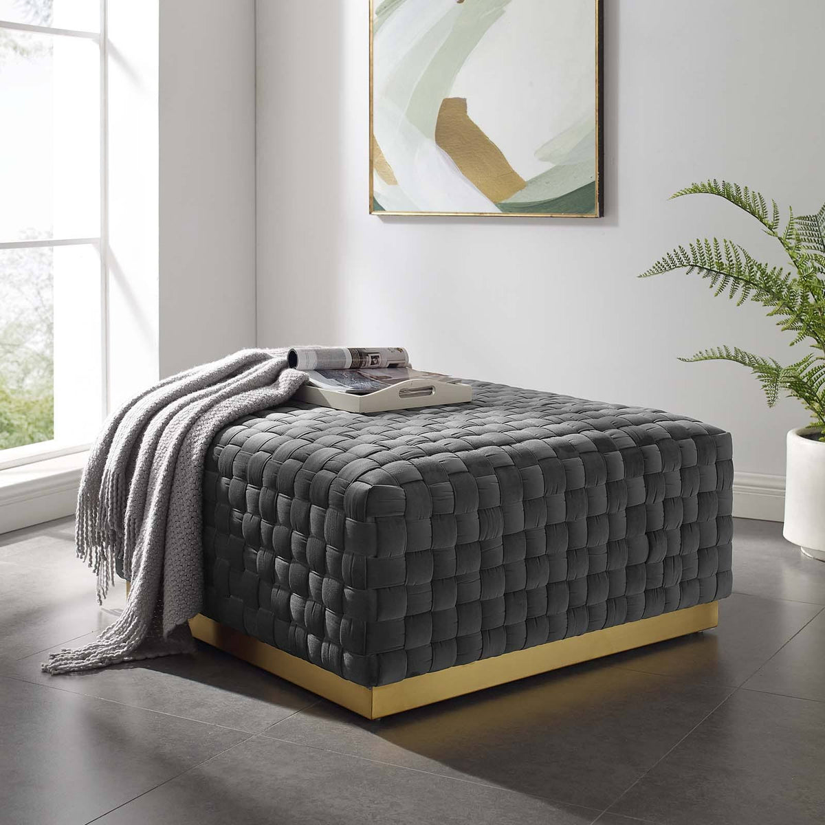 Gray Square Velvet Ottoman Z403