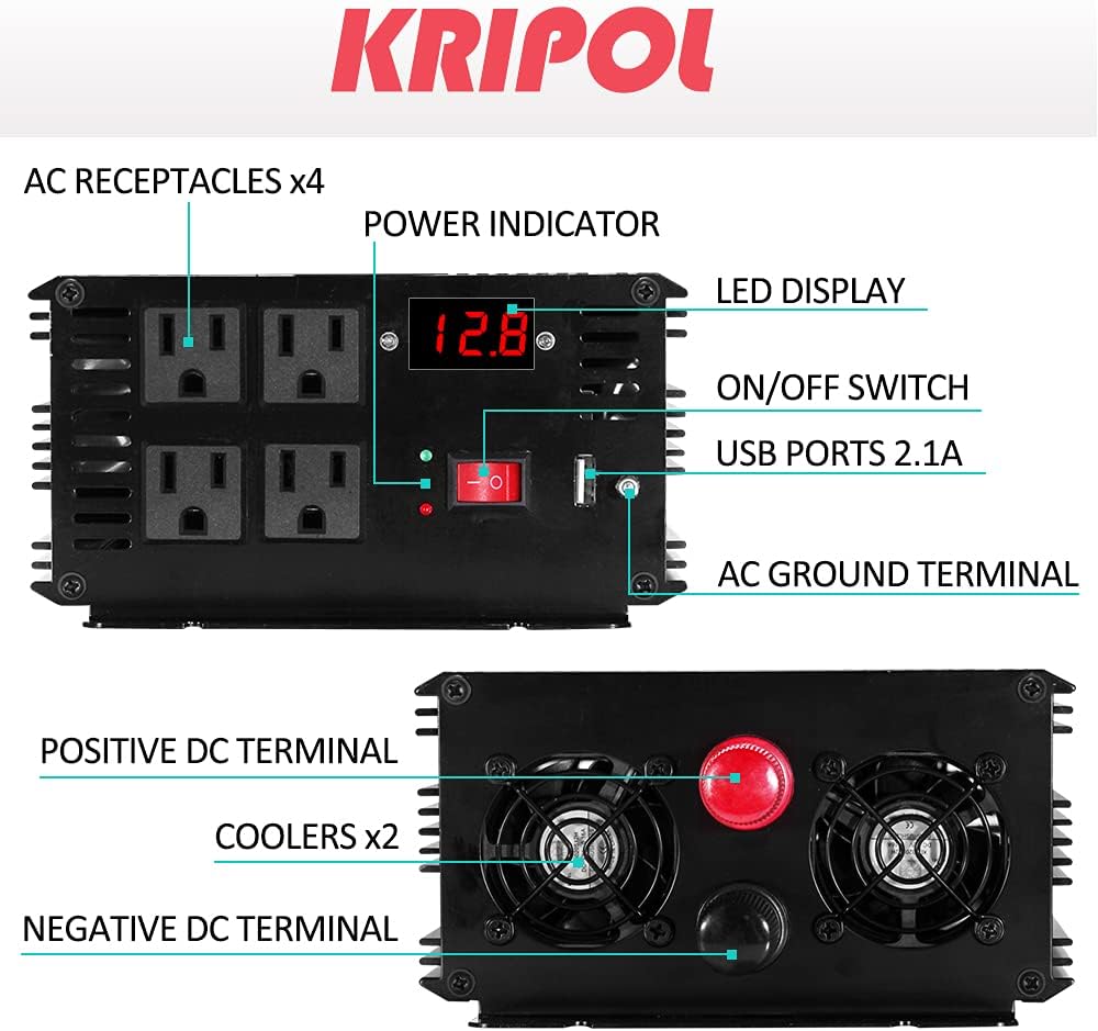 2000 Watt Pure Sine Wave Power Inverter 12V DC to 110V AC with 4 AC Outlets and USB Output R181