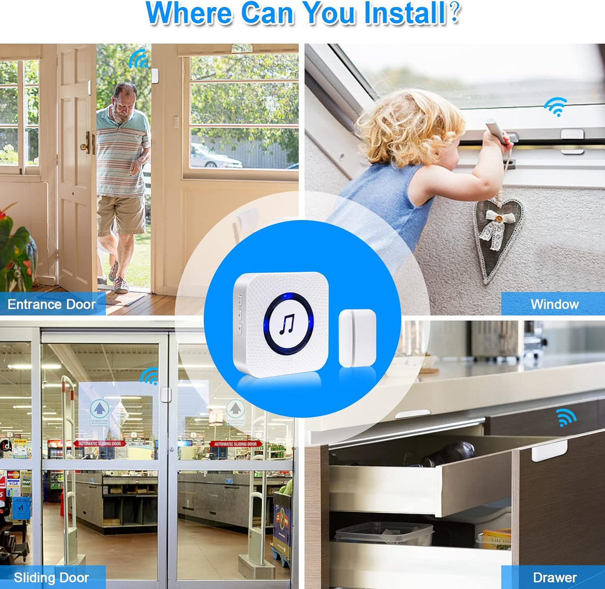Door Chime with 5 Magnetic Door Sensors & 2 Plug-in Receivers, Indoor Range 500ft W8324