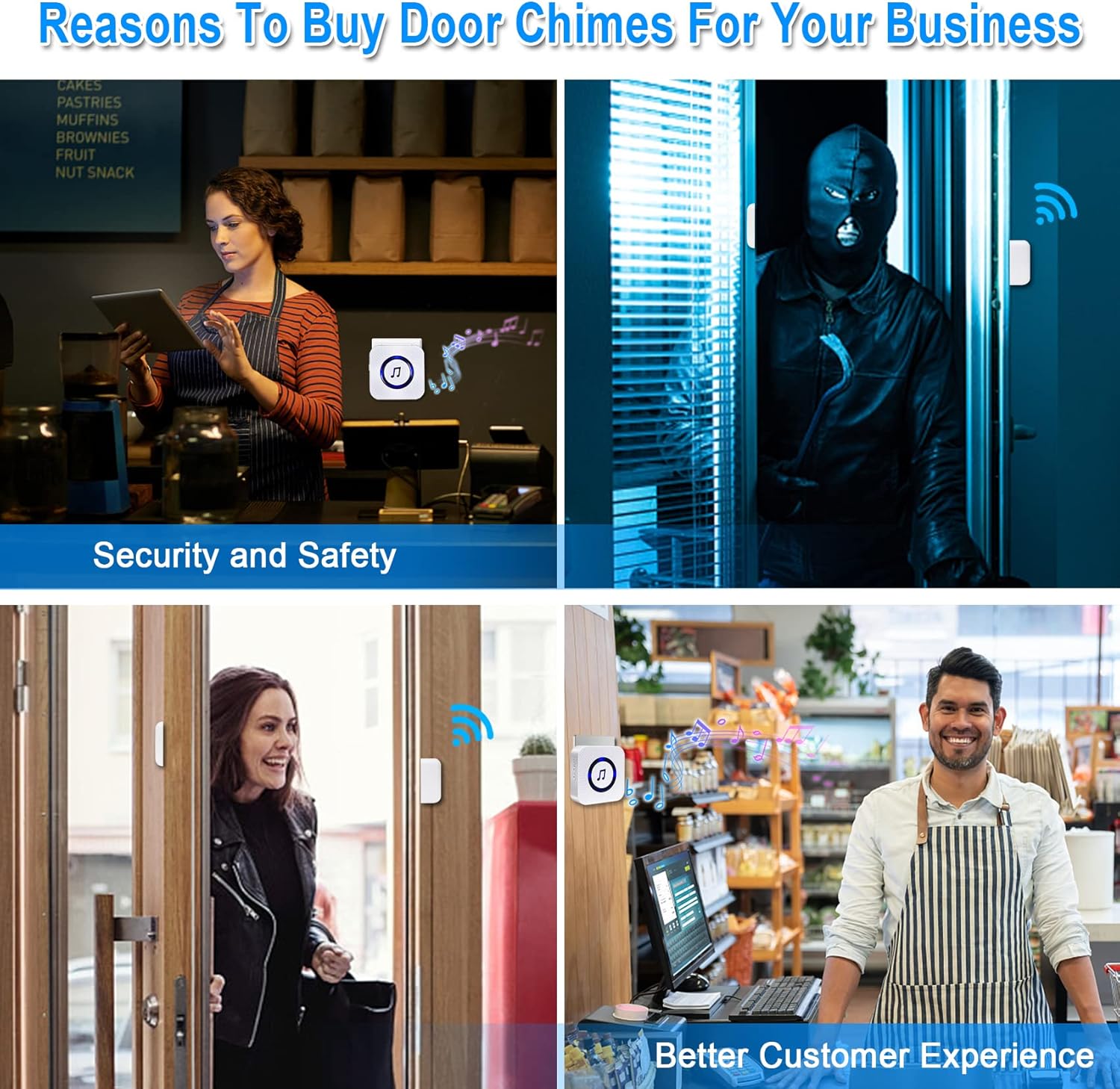 Door Chime with 5 Magnetic Door Sensors & 2 Plug-in Receivers, Indoor Range 500ft W8324