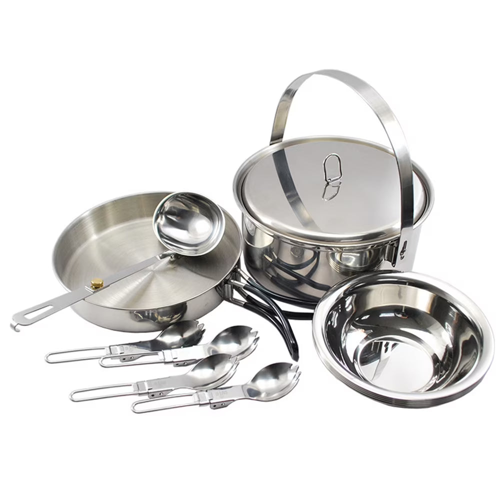 Stainless Steel Camping Cookware Set for 4 with Pot, Pan, Bowls, Folding Sporks C2946