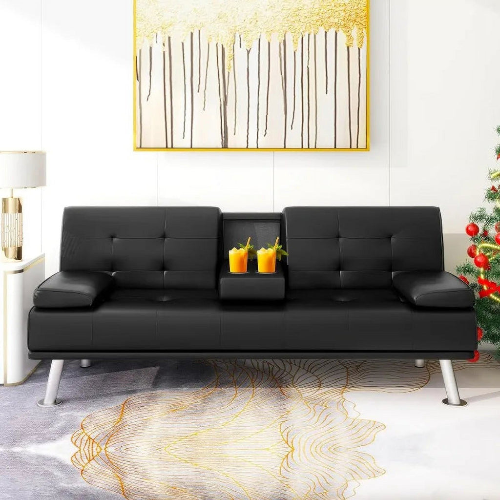 Linen Fabric Futon Sofa Bed with 2 Cup Holders and Pillows T822358