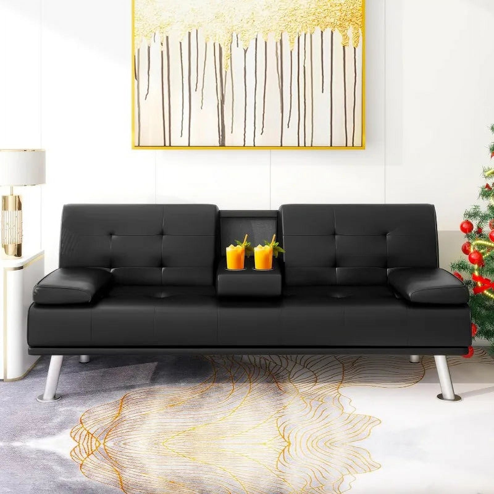 Linen Fabric Futon Sofa Bed with 2 Cup Holders and Pillows T822358