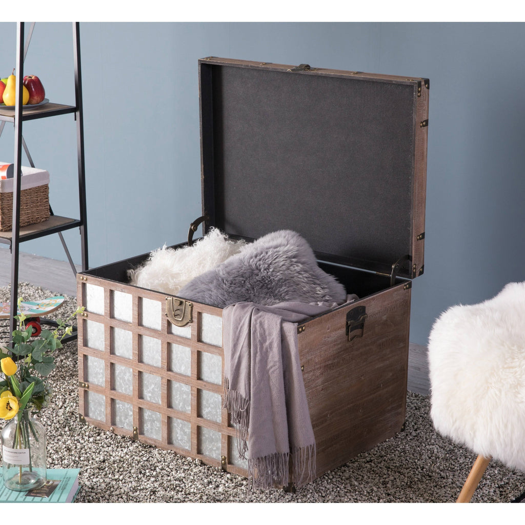 Wooden Rectangle Galvanized Metal Lined Storage Trunk K80106
