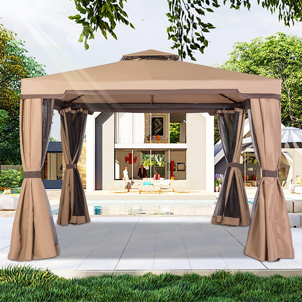 Steel Vented Double Roof Garden Gazebo with Mosquito Netting (Brown) D82379