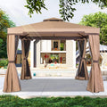 Steel Vented Double Roof Garden Gazebo with Mosquito Netting (Brown) D82379