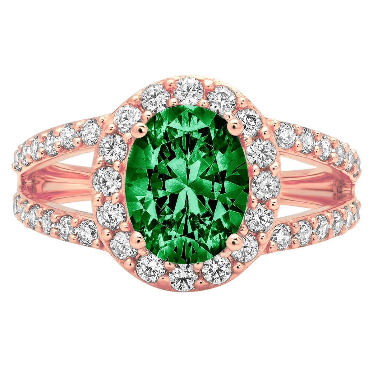 Oval Cut Green Simulated Emerald 18k Rose Gold Halo Ring X405511