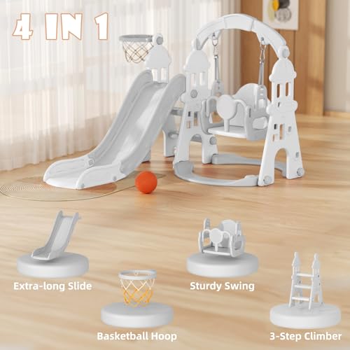 4-in-1 Toddler Slide with Climber, Ring Toss & Basketball Hoop (Pink) T6811