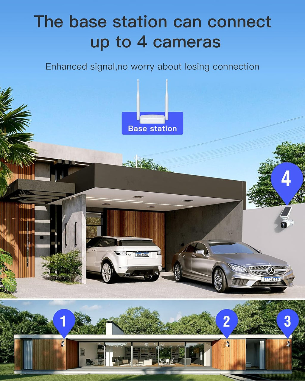 Wireless Solar Security Camera System with Base Station and 4 Cameras, 1080P Night Vision, IP65 Waterproof S259