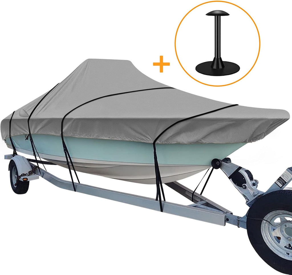 Trailerable Boat Cover, 600D Heavy Duty, Fits V-Hull Center Console Boat 17ft-19ft Long, Beam Width up to 96in, Support Pole Included U558