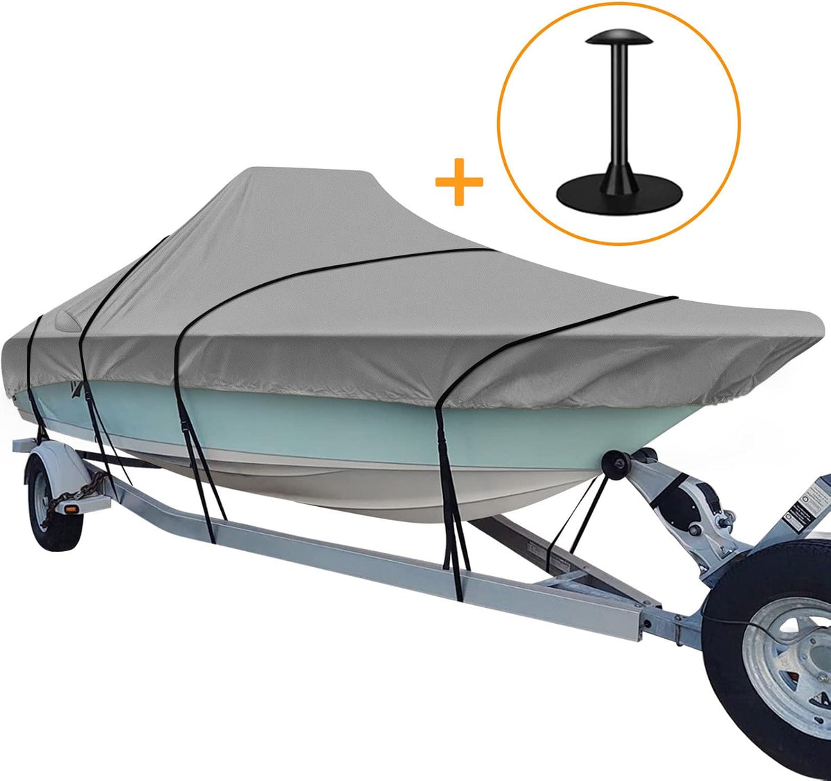 Trailerable Boat Cover, 600D Heavy Duty, Fits V-Hull Center Console Boat 17ft-19ft Long, Beam Width up to 96in, Support Pole Included U558