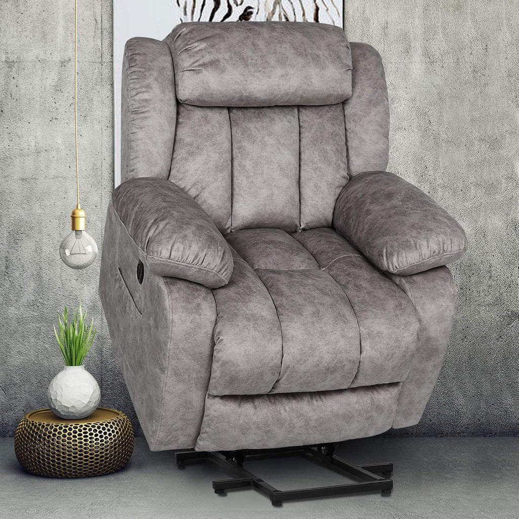 Dark Gray Plush Fabric Electric Power Lift Recliner Chair with Massage and Heat L9747