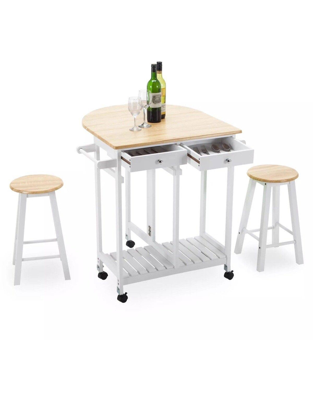 Oak Kitchen Island Cart with 2 Bar Stools and 2 Drawers X269