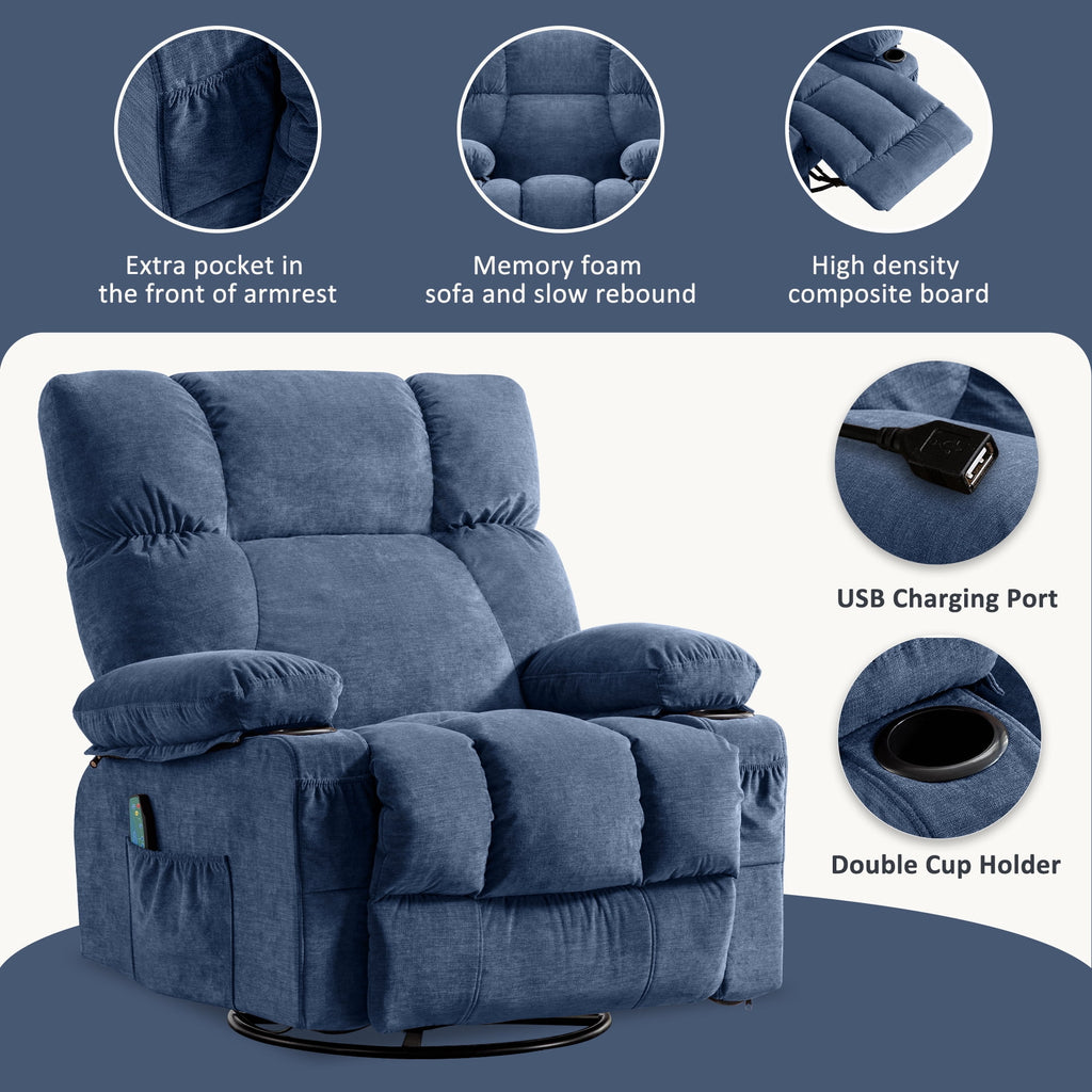 Blue Ergonomic Massage Rocker Recliner Chair with Vibration and Heat X7677
