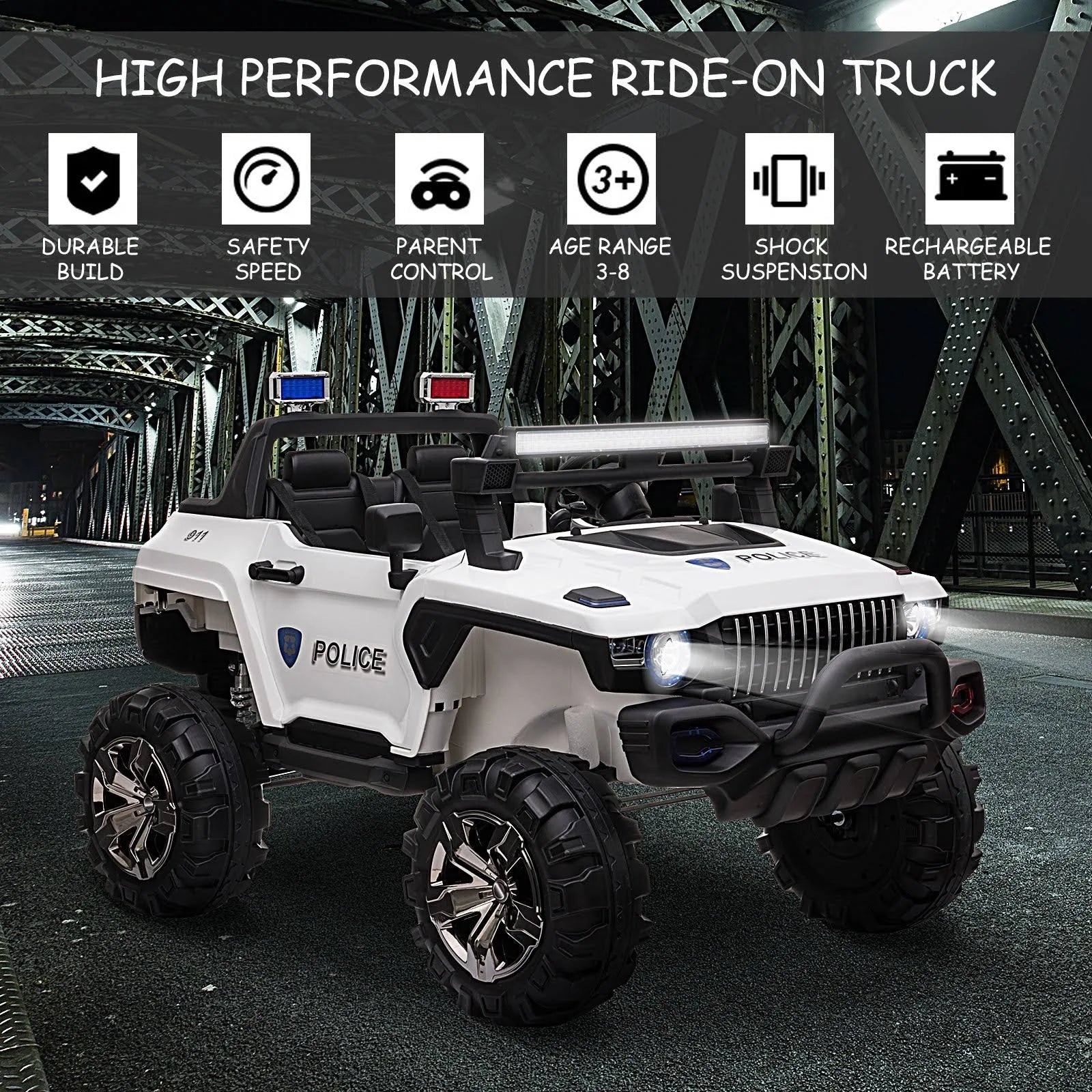 Red 12V Kids Electric 2-Seater Ride on Police Car SUV Truck Toy with Parental Remote Control V36517