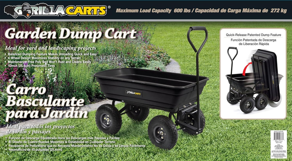 Black Poly Garden Dump Cart with Steel Frame and 10-Inch Pneumatic Tires, 600-Pound Capacity Z775573