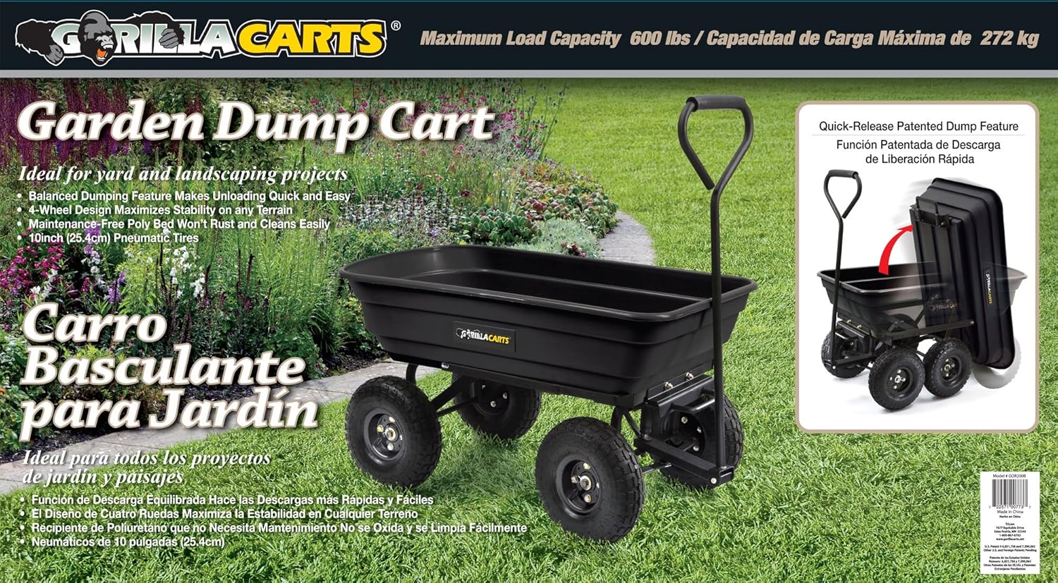 Black Poly Garden Dump Cart with Steel Frame and 10-Inch Pneumatic Tires, 600-Pound Capacity Z775573