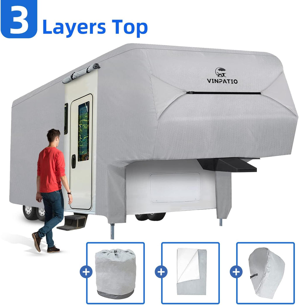 5th Wheel Cover Thick 3 Layers Polypro Anti-UV Waterproof Breathable Camper Covers Fits 37' - 40' Trailer, Gray P7365